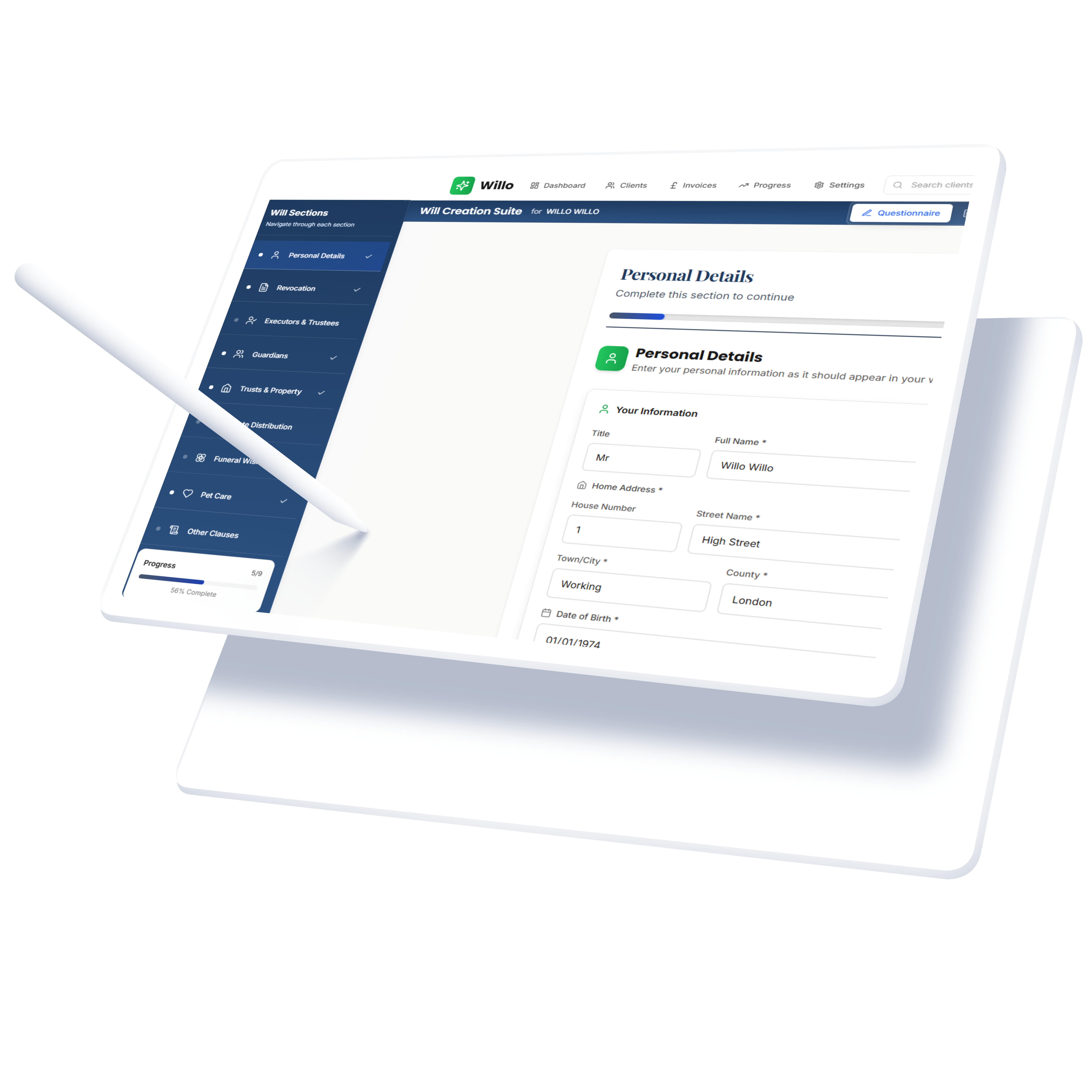 Willo estate planning software on laptop